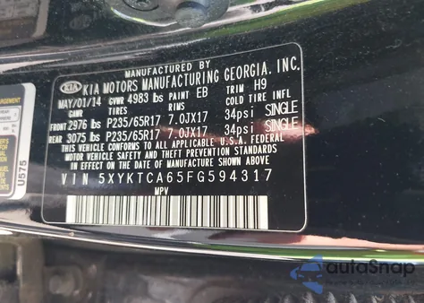 2015 Kia Sorento Lx из США, поврежденный, VIN 5XYKTCA65FG594317